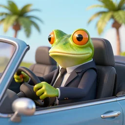 frog wearing a suit driving a car in the front seat, palm trees, 3 d render, octane render, unreal engine, hyper detailed
