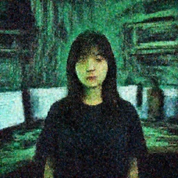 portrait of lain iwakura, background room full of cables and computers by yoshitoshi abe, ruan jia and joao ruas, atmospheric, green and blue tones