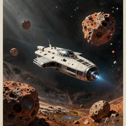 vintage sci-fi poster with spaceship in the middle of an asteroid field