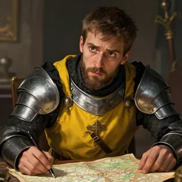 Closeup of frustrated male medieval lieutenant with a {short} beard wearing a black!!!! and yellow tabard over a steel breastplate and a black gambeson looking up from a map on a table, intricate, dramatic lighting, perfect perfect perfect brown eyes, illustration by Greg Rutkowski, ArtStation, digital art, fantasy
