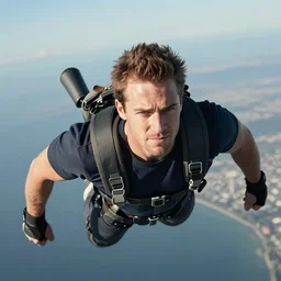 a smug man flying with a jetpack