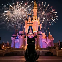 black cat sitting in front of cinderella castle, in disney world, with fireworks