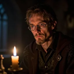 skinny, cautious, paranoid 7 0 years old alchemist ( ian mckellen with a goatee and with scissor glasses ), looks around in a dark medieval inn. close up, dark shadows, colorful, candle light, law contrasts, fantasy concept art by jakub rozalski, jan matejko, and j. dickenson