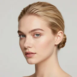 photograph of an olive skinned blonde female in her late twenties, her hair pinned up, wearing a designer top, looking content, focused on her neck, photographer annie leibovitz