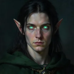 portrait of a elf with glowing eyes, black hair, wearing a dark green cloak, concept art, cinematic lighting, detailed face, highly detailed, painting by greg rutkowski