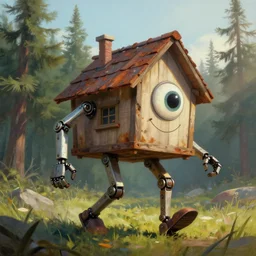 a walking mech wood house with two mechanical legs and one big eye smiling and a roof, rust, hyperrealistic, highly detailed, cinematic, single ray of sun, morning, pareidolia, dynamic composition, from gravity falls, beautiful, pine trees in the background, cgssociety, artstation, 8 k, oil painting, digital art