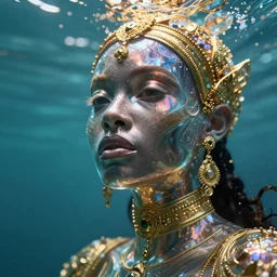 hyperrealistic futurist full body cinematic very expressive! translucent african goddess underwater scene, gold jewerly, highly detailed face, digital art masterpiece, smooth eric zener cam de leon, dramatic pearlescent turquoise light on one side, low angle uhd 8 k, shallow depth of field