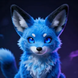 blue fennec furry anthro facing camera black hair blue eyes neon dark background highly detailed trending coherent face