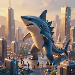 shark godzilla in isometric atlantis cybercity, golden hour by tyler edlin and petros afshar and christopher balaskas and marius borgeaud and kiliain eng, global illumination, ambient occlusion, 3 0 mm, well proportioned, highly detailed, rule of thirds