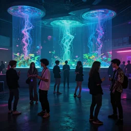 vaporwave, people communicating with each other in groups of ten, a large hall, dim painterly lighting volumetric aquatics, party
