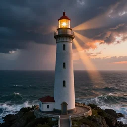huge lighthouse, night sea storm, sunset, godrays, looking from airplane above, fantasy digital art, heroic, fight, in style of kyrill kotashev, will murai, tia masic