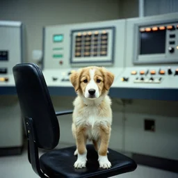 color photo of puppy in industrial control room, photo from 1 9 9 8, ektachrome,