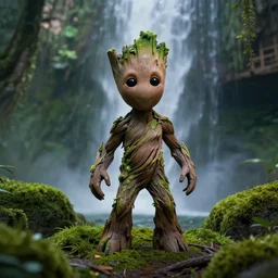 photorealistic wide shot focus portrait of Groot posing, under waterfall, jungle, green moss, bokeh, octane render, unreal engine 4k, volumetric lighting, mist, twilight, detailed