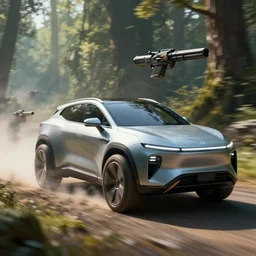 futuristic suv designed by apple with a guns racing through forest art by greg rutkowski and paul ozzimo, epic fantasy sci - fi volumetric light clear focus detailed unreal engine digital art trending on artstation deviantart octane render,