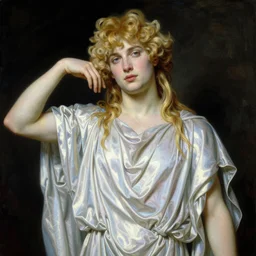 Painting of Apollo as a hedonistic prince in wispy opalescent silk robes, long blond drill curls and fringe, delicate pale porcelain skin, cool tones by Leyendecker and Norman Rockwell