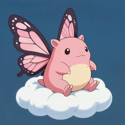( ( ( pink armadillo with butterfly wings, riding on a small cloud ) ) ), anime, pokemon