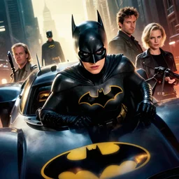 batgirl next to the batmobile, shoulder high shot, intense, epic cinematic hyperrealism masterpiece, whimsical, realistic poster with shaded lighting by craig mallismo, artgerm, jeremy lipkin and michael garmash and hans zatzka, unreal engine, radiant light, detailed and complex environment, digital art, art station trends