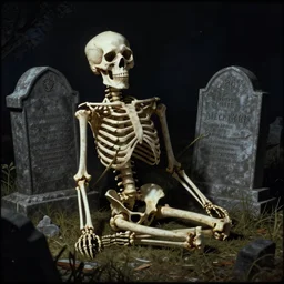 still life of skeleton at a graveyard at night, vintage vhs video still, vhs effect, chiaroscuro, beautiful detailed unreal engine octane render by rutkowski, caravaggio, giger, beksinski