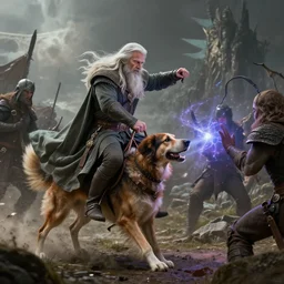 gandalf the white riding on a dog, casting magic against his foes, artistic, hyper detailed