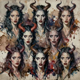 A painting of a chaotic pattern of realistic demonic women portraits, each with a different facial expression of madness by christian weiss, ruan jia, pollock, marjorie cameron, 35mm, f2.8, nikon, expressive brush strokes, breathtaking render, unreal engine, william Godward, cyberpunk, blessed by eris, chaos, punk, terror, insane composition, water color splash, coffee stain, burnt paper