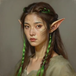 a highly detailed portrait painting of a beautiful healer elf female male, long brown hair with braids and green highlights, long elf ears, asian decent, facial tribal markings, by greg rutkowski and alphonse mucha, sharp focus, matte, concept art, artstation, digital painting