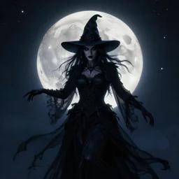 Adobe Illustrator, photo-manipulation, dark Witch, full moon in the background, starry night, dynamic glowing lighting, volumetric, bokeh, cinematic, establishing shot, extremly high detail, photo realistic, cinematic lighting, post processed, realistic art, artstation, digital art, style by eddie mendoza, raphael lacoste, alex ross