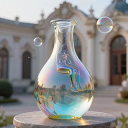 sitting on an unfinished klein bottle sculptural, chroma iridescence, colors, glassy, reflective and refractive, soap bubbles floating, baroque architecture background, morning lights, house