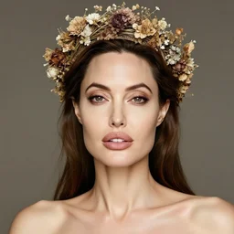 fine art photo of angelina jolie, she has a crown of dried flowers, by oleg oprisco