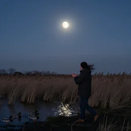 revealed, underlined in a sudden gust of wind the profile of a man raises under the moon uncovered and tiny, overlooking the fen water meadowlands and small shot for the ducks he walks in the mud, moves aside the reeds no clapping of wings, no motions around just the singing wind in an ominous silence