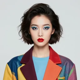 full frontal portrait of a post modern hybrid fashion model with an exuberant makeup, style year 1 9 8 0, colorful, photo realistic, octane render, vray, detailed, halftoned, editorial illustration, matte print, grainy light, ( ( dither ) ), risograph, high contrast, screen print, grainy texture