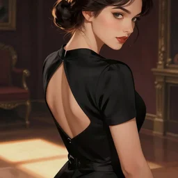 a female character in a dark room with a black top that has a cut out in the back, lighting down to the floor, very detailed, close up of the top, illustration, close up of a model, illustration, greg rutkowski, concept, fantasy, fantasy, fifties era, pinup, artstation,