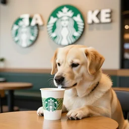 photo of a dog drinking cafe inside starbucks, 4k