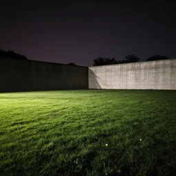a photo of a grass field with large walls surrounding it and keeping it unlit, the only light is the light coming from the phone.