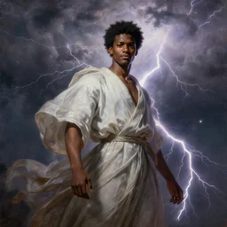young black man, god of lightning, flowing robes, powerful, smug expression, highly detailed painting by gaston bussiere, craig mullins, j. c. leyendecker 8 k, sparkling storm clouds