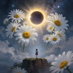 giant white daisies flowers blooming over head, girl standing on cliff, surreal photography, solar eclipse, milky way, dramatic light, impressionist painting, clouds, digital painting, artstation, james gilleard, liam wong, jeremy mann, simon stalenhag