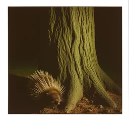 steven wilson next to a porcupine and a tree. front view. uncanny. dramatic lighting. 5 5 mm polaroid. - w 6 4 0