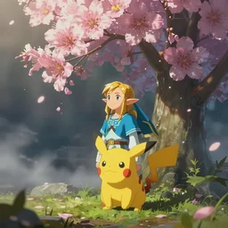 of pokemon painted in the style of zelda breath of the wild bloom, volumetric fog, moody ambiance, 80lvl, deviant art, princess mononoke