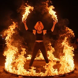 a girl with short orange blond hair standing triumphantly in a ring of fire and flames. Wisps of fire controlled at her fingertips. By Geoffroy Thoorens and Dan Volbert