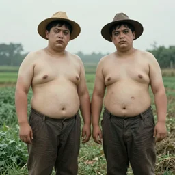 vintage photograph of obese twins with no shirts on, posing as farmers, horror, creepy