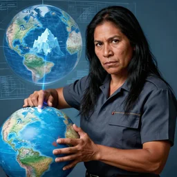 epic portrait of slightly muscular indigenous serious visionary sheila wattcloutier wearing short sleeved instructor uniform laser pointing on globe, blueprint, iceberg, detailed, artstation, concept art, donato giancola, joseph christian leyendecker, wlop, boris vallejo, dark eyes, highest resolution, extremely detailed beautiful, establishing shot, artistic, hyperrealistic, beautiful face, enhanced hands, octane render