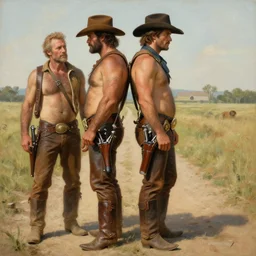 a homoerotic symmetrical painting by clyde aspevig, greg rutkowski, gaston bussiere, j. c. leyendecker of attractive hairy gunslinger and handsome cowboy, they are in love standing back to back | bandoliers, shirtless, leather clothing | natural lighting, path traced, highly detailed, high quality, trending on artstation