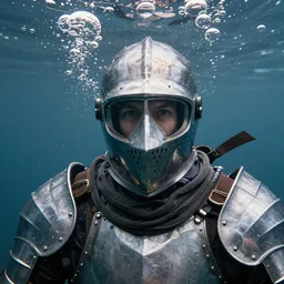 Underwater photo of an artist in medieval armor by Trent Parke, looking at a camera through a visor, close up, huge bubbles, metallic patterns, clean, detailed