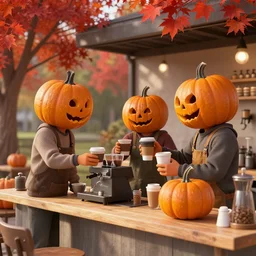 pumpkin headed people ordering coffee at a coffee stand, red maple trees with fall foliage, volumetric, realistic, cinematic lighting, ray tracing, unreal engine 5, octane render, hyper realistic, photo, 8 k