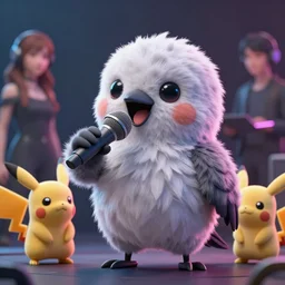 high quality 3 d render very cute fluffy cyborg crow! sings into microphone, cyberpunk highly detailed, unreal engine cinematic smooth, in the style of blade runner & detective pikachu, hannah yata charlie immer, moody light, low angle, uhd 8 k, sharp focus