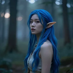 beautiful young Asian elf woman with blue hair in a hazy forest at dusk, by Zdzisław Beksiński beautiful young Asian elf woman with blue hair in a hazy forest at dusk, by Zdzisław Beksiński