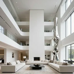 giant Italian modern castle living room, clean minimalist design, that is 1300 feet tall, with very tall giant walks, giant modern stainless steel sculpture by John Chamberlain, photo by Annie Leibovitz