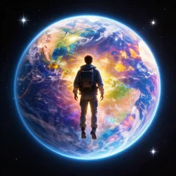 enormously detailed hd photo art of a man just landed on future glowing colorful space in planet in the style of Greg Rutswoski, wide angle shot, stars shining around, concept art