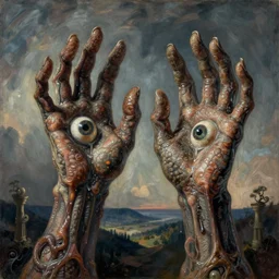 ultra - detailed epic analog photo of varicose mucus - covered dripping slimy pulsating alien hands with long fingers with eyeballs in the palms by james ensor
