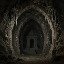 A  temple, lost in a cave, fibonacci, dhrinem sacred place. arches, narrow, stalactites and stalagmites. Underexposed, dark. Atmospheric matte painting by Darek Zabrocki and Christophe Vacher