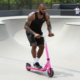paparazzi photo of Lebron James on a pink scooter in a skatepark, ultra high definition